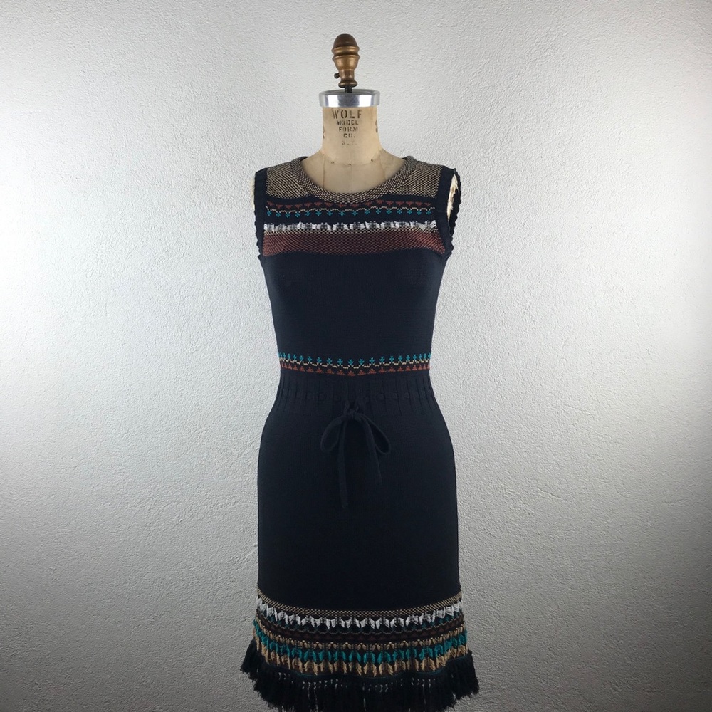 Nanette Lepore l XS Retro Fair Isle Nordic Stretch Knit Fringe Hem Sweater Dress